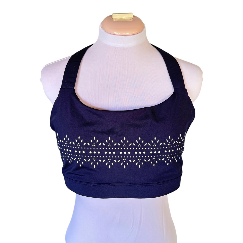 Gap Fit Sports Bra, Size XL, Navy Blue Laser Cut Pattern Medium Impact Racerback